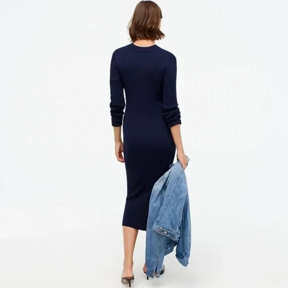 NWT J.Crew Long Sleeve Ribbed Knit Midi in Navy Blue Stretch Dress S - Picture 4 of 9